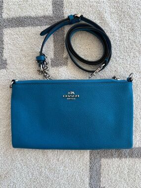 Coach Teal Pebbled Leather Crossbody Clutch with Chain Strap